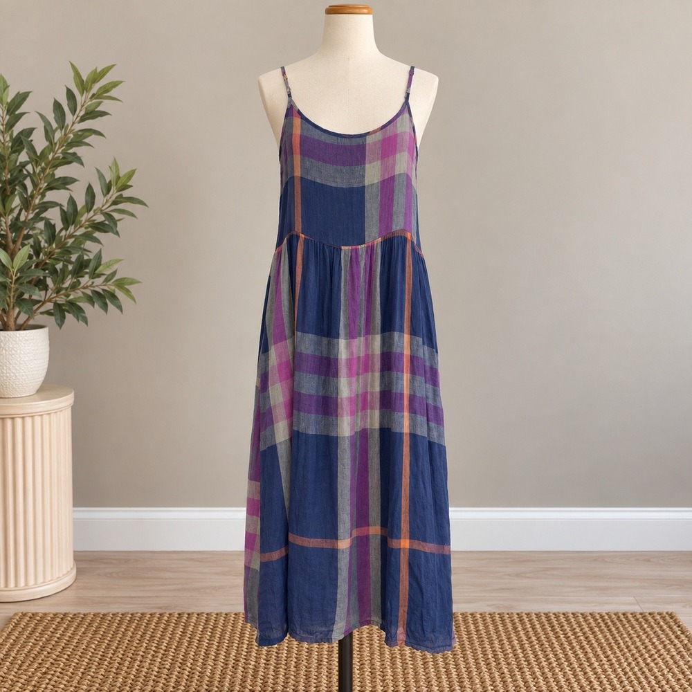CP Shades Linen Midi Dress Blue Purple Plaid Pockets Adjustable Straps Sz Medium